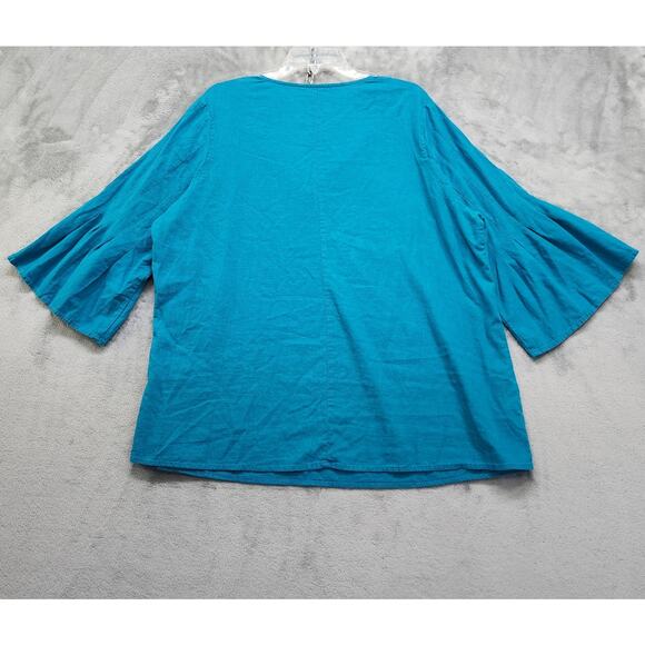 Market & Spruce Top Womens 2X Blue Linen Blend Ashlea Pleated Bell Sleeve V-Neck - Picture 3 of 11